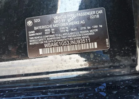 2018 BMW 320I z USA, uszkodzony, nr VIN WBA8E1G53JNU93511